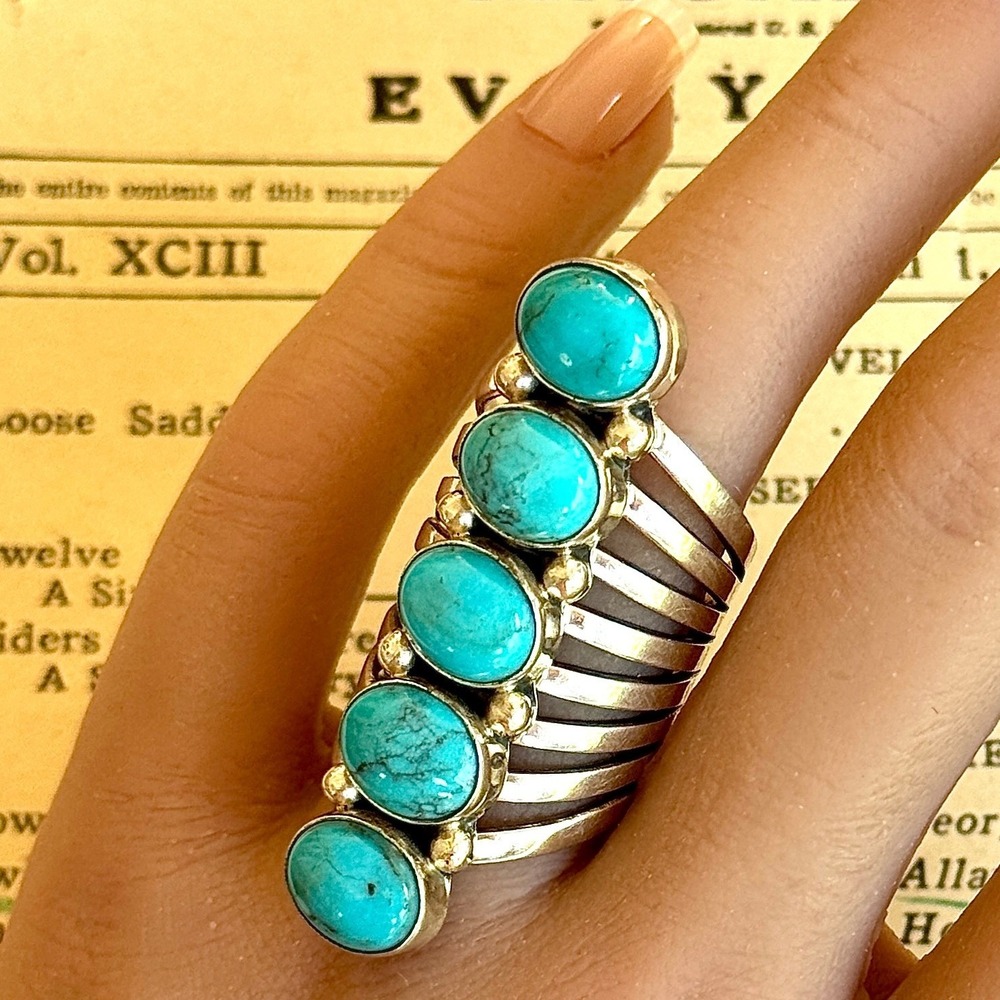 Long Navajo Ring Sz 8 Signed Yazzie Turquoise Sterling Native American 5 Stone